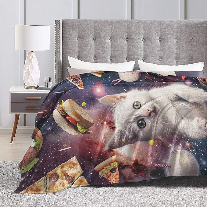 Funny Cats Blanket for Women Hamburgers Pizza Throw Blanket Cats Space Galaxy Stuff Decor Merch Cozy Flannel Lightweight Warm Soft Plush Fuzzy Bedding Cats Gifts for Men Girls Couch Bed 50"X40"