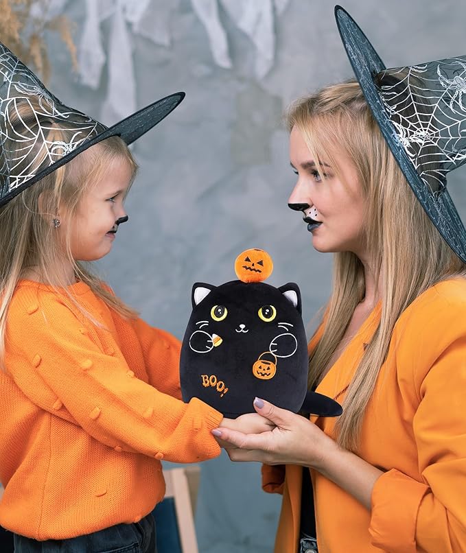 Christmas Eve Stuffed Cat Pumpkin Black Cat Plush Toy with Pumpkin, Cute Halloween Decor, Kids' Pillow, Gifts for Girls Boys, 10 Inch