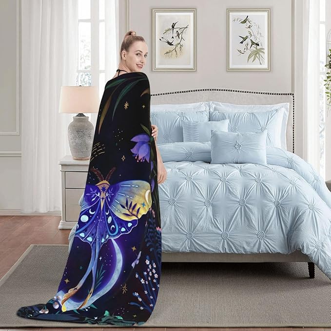 Moon Moth Throw Blanket Soft Cozy Lightweight Blanket for Couch, Bed, Sofa - Moth Pattern Decorative Plush Flannel Blanket for Women, Men, Adults 80"x60"