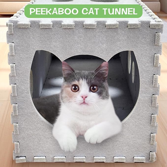 Fhiny Cat Tunnel for Indoor Cats, 14 PCS Felt Peekaboo Cat Cave with Interactive Peep Holes Foldable Kitten Play Tubes & Tunnels Cat Hideaway Cave Soft Felt Cat Toys for Small & Medium Cats