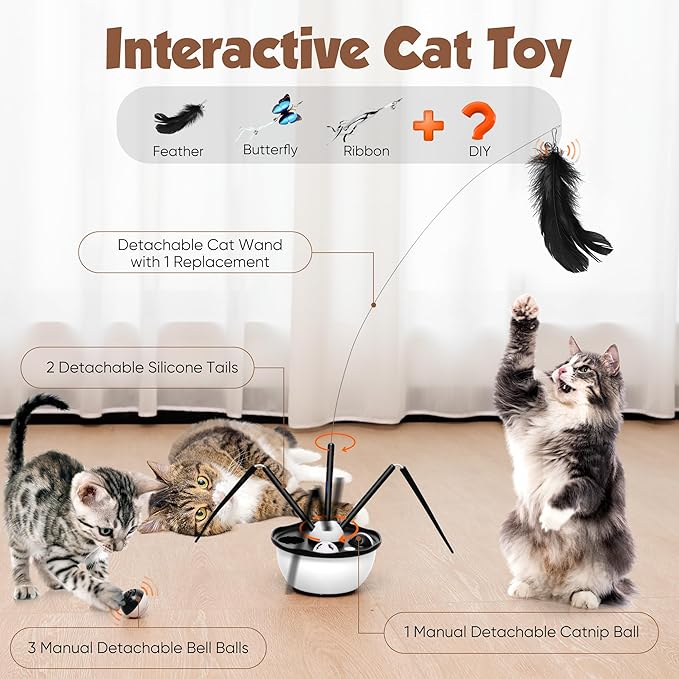 Cat Toys for Indoor Cats Automatic Cat Toy Cat Dancer Interactive Cat Toy Kitten Toys with Feather Butterfly Ribbon Cat Wand Catnip Toys for Cats Enrichment USB Rechargeable (Black)