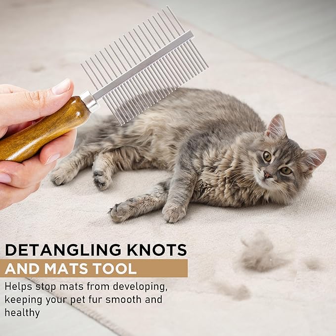 Takavu Metal Dog Comb for Removes Tangles and Knots, Cat Comb for Removing Matted Fur, Stainless Steel Smooth Round Teeth Grooming Tool with Wooden Handle for Grooming Pets Hair
