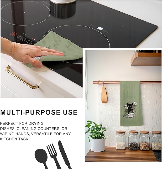 Black Cat Gifts Kitchen Dish Towels Hand Towels for Bathroom Kitchen Decor, Gifts for Cat Mom Lover and Women,16x24 Inch(Green)