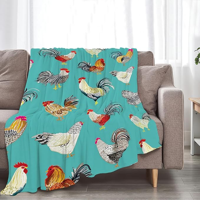 Farmhouse Chicken Blanket Ultra Soft Cozy Farm Rooster Throw Blanket Fleece Fuzzy Plush Bedding Country Chicken Gifts for Women Girls Kids Adults 80"x60"