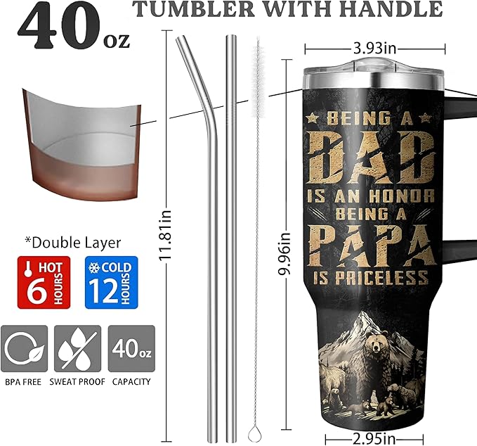40 Oz Papa Bear Tumbler with Handle and Straw, Double Wall Stainless Steel Cup, 40 Oz Leak Proof Insulated Mug, Bear Gifts for Dad and Fathers Day Gift