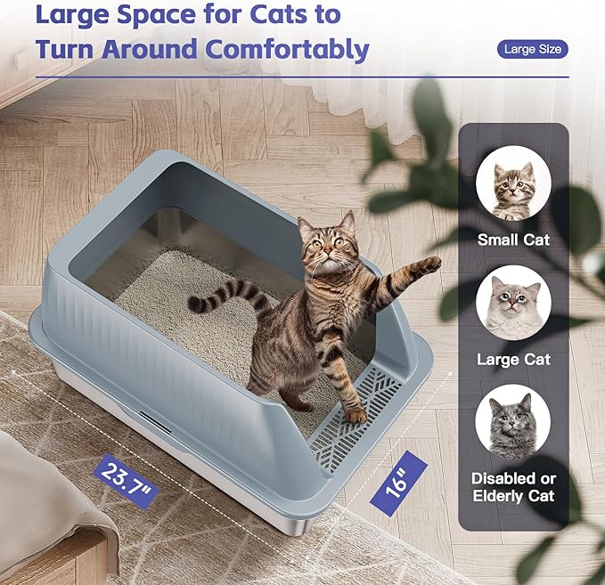 15" XL Stainless Steel Litter Box for Cats, Enclosed Metal Litter Box with Lid, Extra Large Kitty Litter Box with High Sides for High Peeing Cat, Easy to Clean, Non-Sticky, Including Scoop
