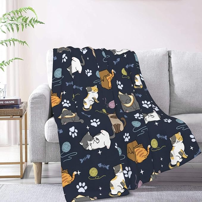 Soft Fluffy Cat Pattern Blanket, Cute Feline Design Cozy Throw Blanket for Adults Kids Pet,Lightweight Warm Plush Fleece Blanket for Couch Bed Sofa, for Cat Lovers 50"x40"