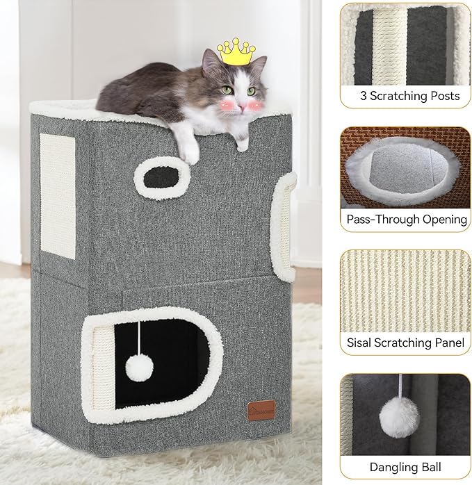 YITAHOME 2-Tier Cat House, Indoor Cat Cave Bed Playhouse, Flannel & Cool Mat, Covered Cat Beds with Scratch Pad and Hideaway Cave, Cute Modern Cat Condo Furniture for Multi Small Cats, Grey