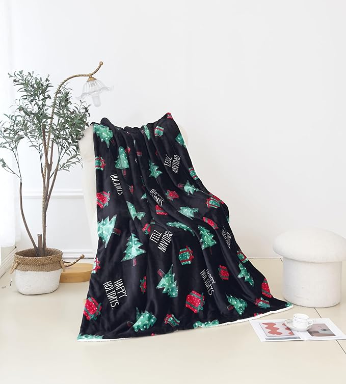Elegant Comfort Reversible and Ultra-Plush Flannel Fleece-Winter Christmas Sherpa Throw- Lightweight Soft and Cozy-Holiday Decorative Throw, Perfect for Lounging, 50 x 60 inches, Feliz Navidad