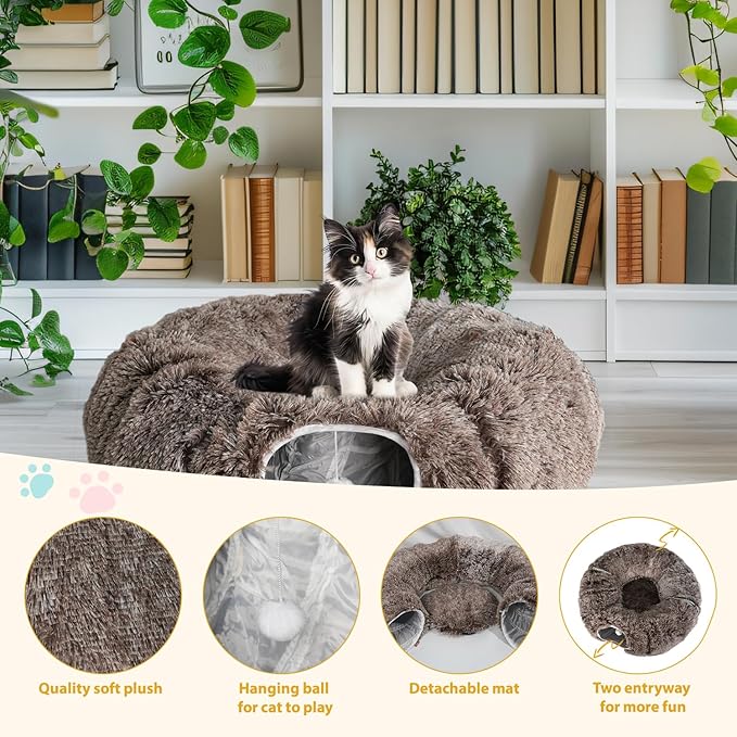 KOMUSMO Cat Tunnel Bed with Central Mat and Hanging Ball Toy, Multifunctional Large Cat Bed Cave Donut for Indoor Cats, Soft Plush Fluffy Collapsible Peekaboo Cave for Small Medium Large Cats Kittens