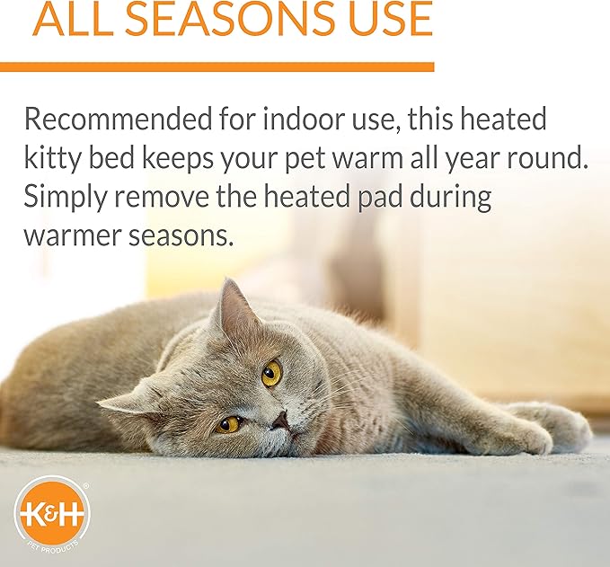 K&H Pet Products Heated Thermo-Kitty Fashion Splash Indoor Cat Bed, Orthopedic Foam Base Heated Bed for Dogs or Cats with Removable Waterproof Heater, Mocha Small 18 Inches Round