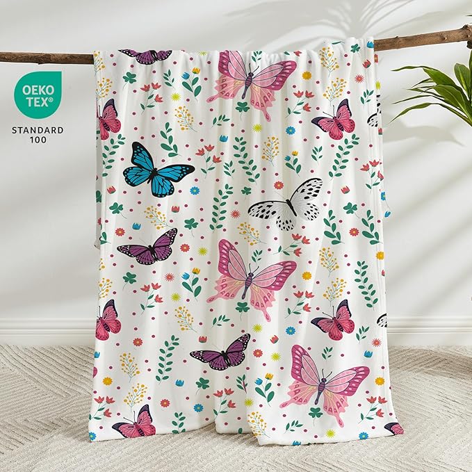 Butterfly Kids Throw Blanket for Girls Teens Toddler White Soft Fuzzy Flannel Bed Blanket Plush Butterfly Birthday Gifts for Women Girls Kids Teens Adults, 60”x80”