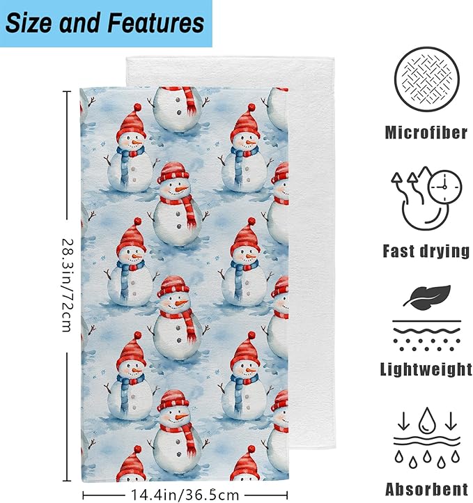 Christmas Snowman Bathroom Hand Towel Set of 2,Cute Winter Snowmans Soft Absorbent Decorative Fingertip Kitchen Towel for Bedroom Kitchen Hotel Home Deco