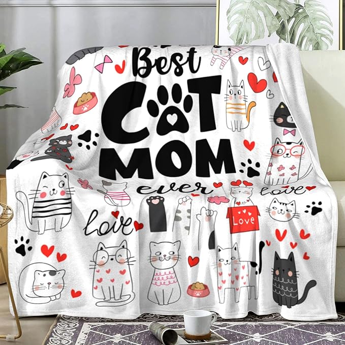 Cat Mom Throw Blanket - Just A Girl Who Loves Cats Gift for Pet Lovers - Soft Flannel Animal Pattern for Kids Adults 60"X50"