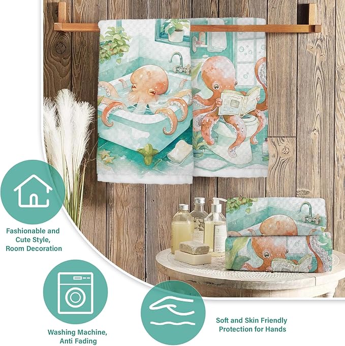 Octopus Decorative Hand Towels for Bathroom Set of 2, Octopus Bathroom Decor, Octopu Gifts for Women, Funny Octop Waffle Weave Dish Towels 18x26 Inch