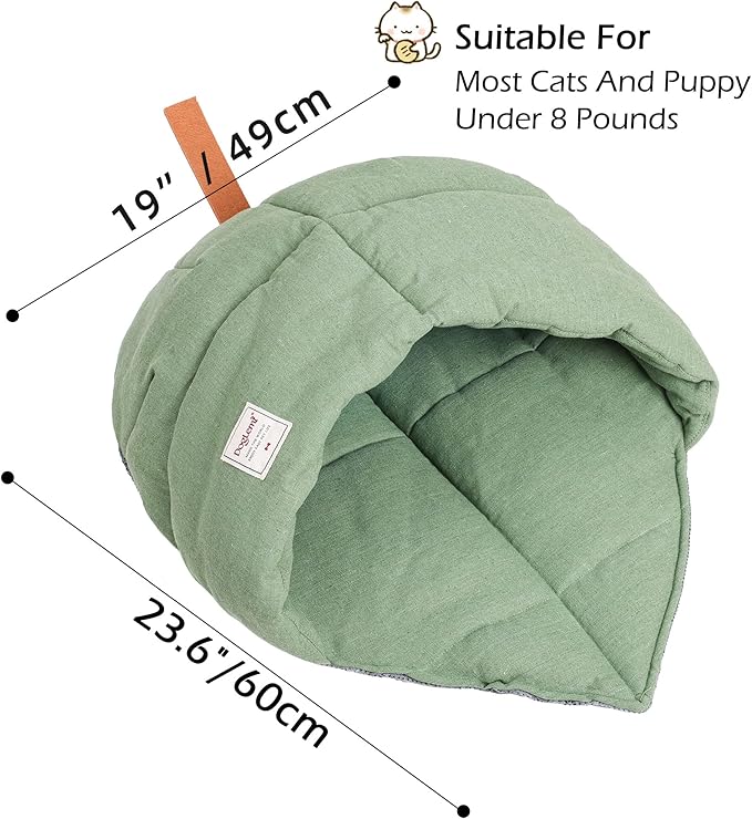 Cat Sleeping Bag , Linen Fabric Bed Cave Leaf Nest Pet Cuddle Zone Covered Hide Hood Burrowing Cozy Soft Durable Washable with Non-Slip Bottom for Indoor Puppy and Kitten (Green), PD50082
