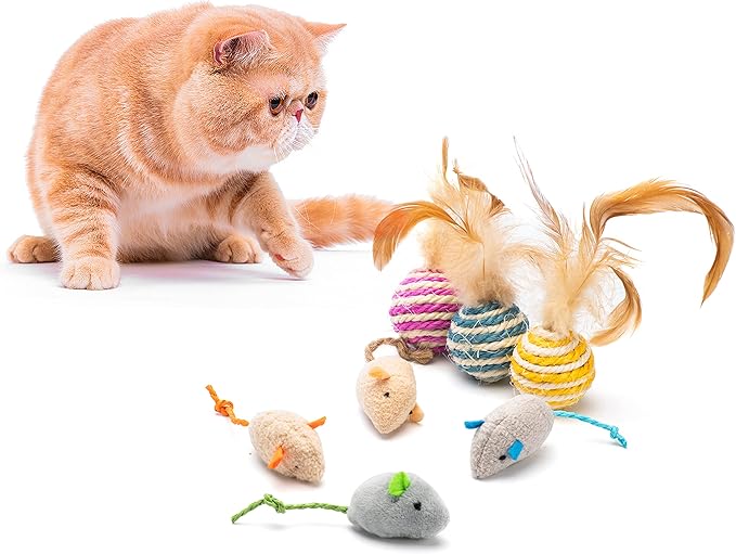 Cat Toy Feather Sisal Ball 4 Count，Mouse Catnip Cat Toys 6 Count- Handmade Cat Toys with Feathers, Scratch & Bite Resistant Sisal Balls for Cats (Random Color)