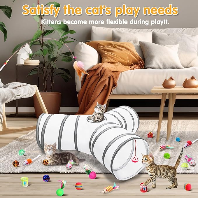 Poen 22pcs Cat Toys Kitten Toys Set with 2 Collapsible Cat Tunnel Toy and 20 Interactive Kitty Toys Cat Feather Toy, Fluffy Mouse, Crinkle Balls, for Cat Kitten Puppy (White)