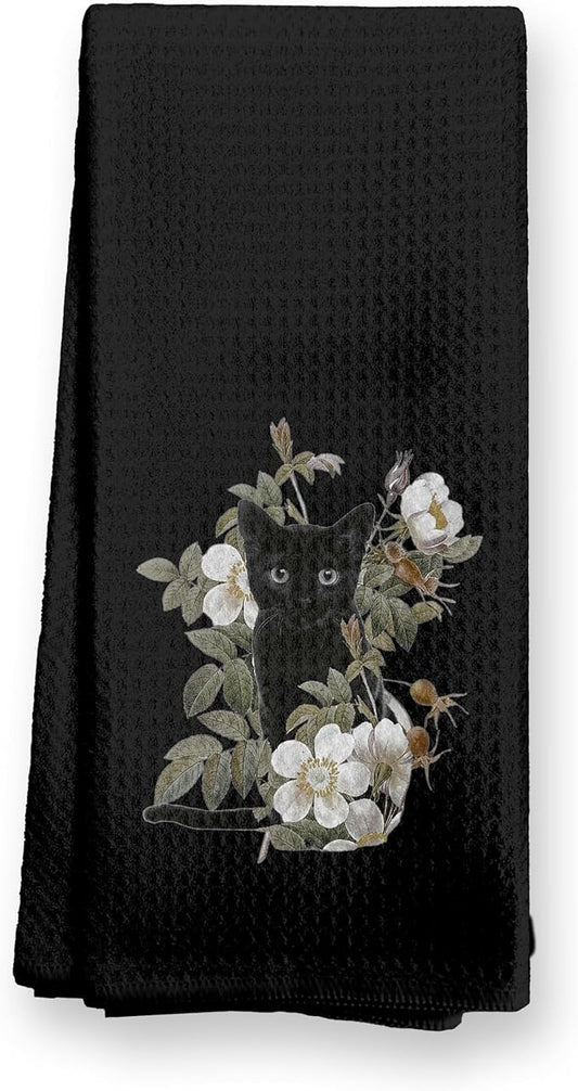 Black Cat Gifts Kitchen Dish Towels Hand Towels for Bathroom Kitchen Decor, Gifts for Cat Mom Lover and Women, 16x24 Inch(Black)