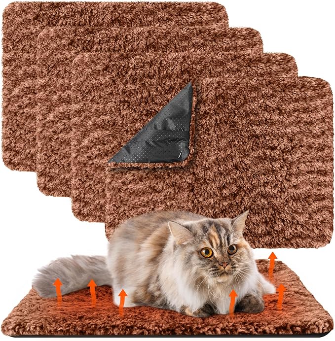4 Pack Self Warming Cat Pads Self Heating Cat Mat Thermal Pads for Small Dogs Washable Pet Kennel Pad Crate Bed Mat with Removable Covers for Indoor Outdoor Pet(Brown,16 x 20 Inch)