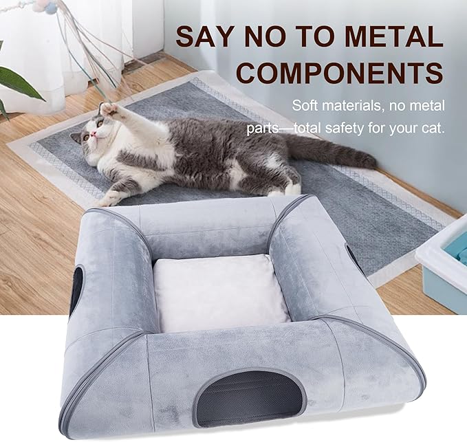 Hilltown Cat Tunnel Bed for Indoor Cats,Metal-Free Design,Scratch-Resistant Multi-Functional Cave,4 Safe Windows,Keeps Cats Safe and Entertained-Large