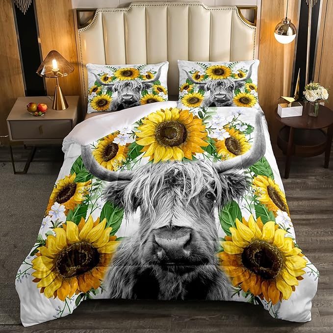 Highland Cow Comforter Set Full Sunflowers Art Down Comforter Rustic Bull Cattle Bedding Set For Kids Boys Girls Adult Farmhouse Western Funny Animal Wild Theme Duvet Set Grey Marble Comforter