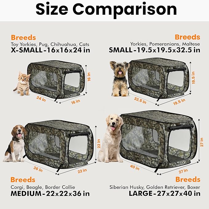 Beatrice Home Fashions Portable, Collapsible, Pop Up Kennel Travel Cat and Dog Crate, 32.5" L x 19.5" W x 19.5" H, Camo Green