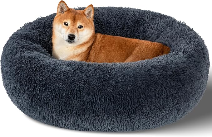 Dog Bed Calming Dog Beds for Small Medium Large Dogs - Round Donut Washable Puppy Dog Bed, Anti-Slip Faux Fur Fluffy Donut Cuddle Anxiety Cat Pet Bed(32" Dark Grey)