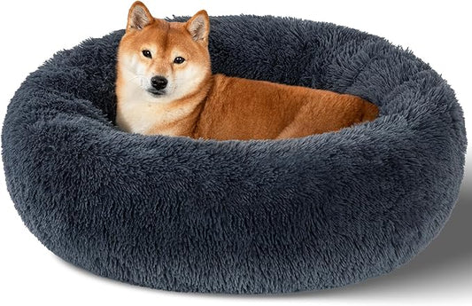 Dog Bed Calming Dog Beds for Small Medium Large Dogs - Round Donut Washable Puppy Dog Bed, Anti-Slip Faux Fur Fluffy Donut Cuddle Anxiety Cat Pet Bed(32" Dark Grey)