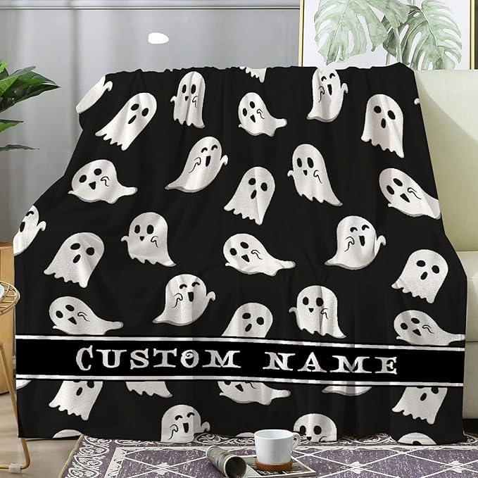 Cute Little Funny Ghost Custom Blanket Black Night Sky Spooky Personalized Throw Blankets Gifts for Girl Boy Flannel Fleece Halloween Customized Throw Blankets for Kids With Name Lap Sofa 50x40In