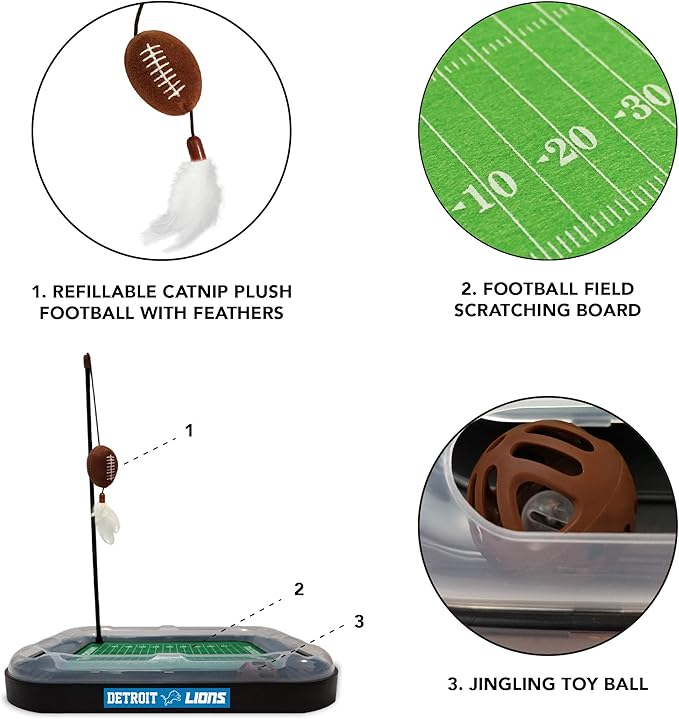 Football Field Cat Toy NFL DETROIT LIONS FOOTBALL FIELD CAT SCRATCHER TOY with CATNIP Filled Plush FOOTBALL Toy&Feather Cat Toy hanging with Jingle Bell INTERACTIVE BALL Cat Chasing 5-in-1 KITTY Toy