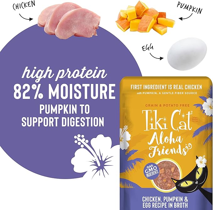 Tiki Cat Aloha Friends, Chicken, Pumpkin & Egg, Grain-Free & High Moisture, Wet Cat Food for All Life Stages 2.5 oz. Pouch (Pack of 12)