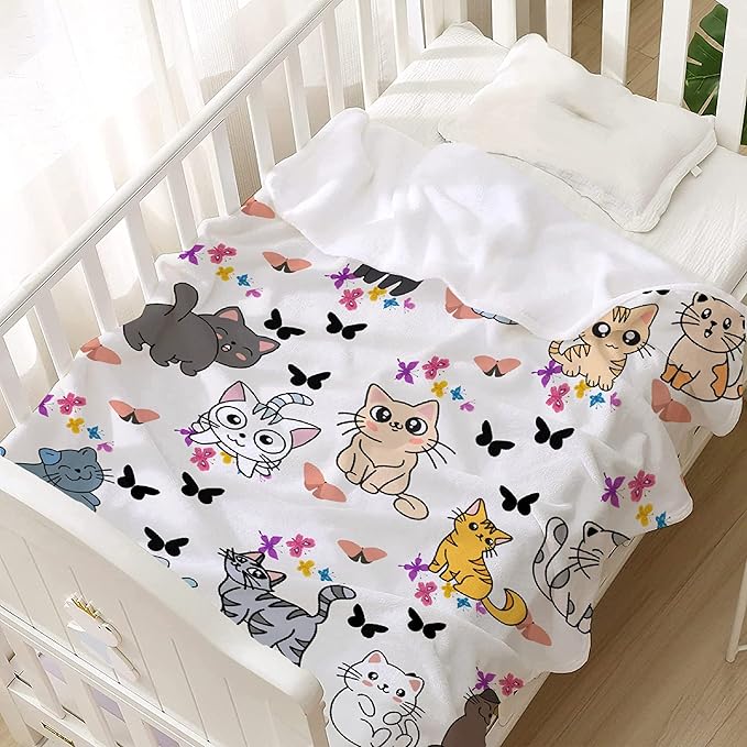 Cute Cat Butterfly Blanket Throw Super Soft and Cozy Blankets for Home Decoration, Couch, Bed, Sofa 80 in x 60 in Large for Adult for All Seasons