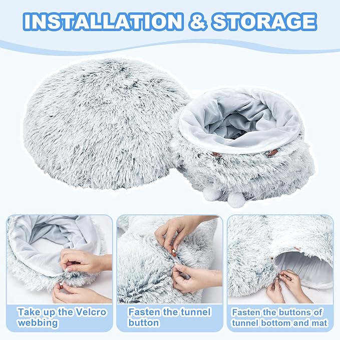 JIUPETY Cat Tunnel Bed with Soft Plush Mat, Collapsible Tube Playground, Cat Toy Tunnel for Indoor Cats, Kitten, Rabbit, Ferret, Fluffy Plush Material, Includes Dangling Balls, Light Grey