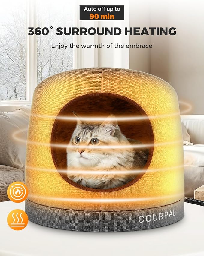 Courpal® Heated Cat Cave Bed for Indoor Cats - Surround Heating Enclosed Round Cat Dome with Adjustable Heating & Timing - Large Warm Cat Hut with FauxFur Lining for Winter Sleep - Up to 18 Lbs