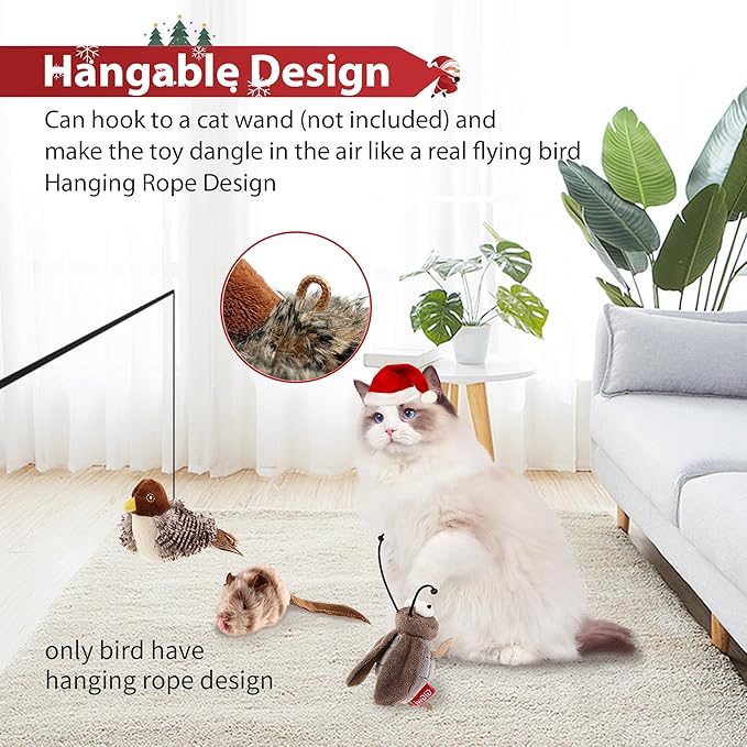 PETGEEK GiGwi Chirping Bird Cat Toys 3 Pcs- Melody Chaser Realistic Plush Cat Toys for Indoor Cats- Hangable Design Best Gift for Birthday, Thanksgiving, Christmas, New Year (Bird Mouse Cricket Set)