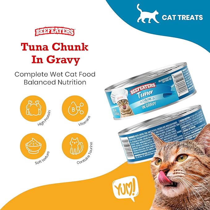 Beefeaters Cat Treats - Tuna Chunk in Gravy 3oz, Case of 24 | Premium Wet Cat Food, Rich in Vitamins & Taurine | No Artificial Additives | Training Treats