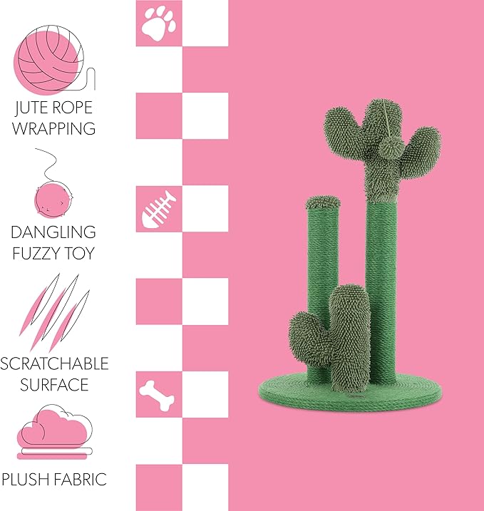 CTR1009A Marfa 25.25" Modern Jute Triple-Cactus Cat Scratching Post with Fuzzy Toy, Green