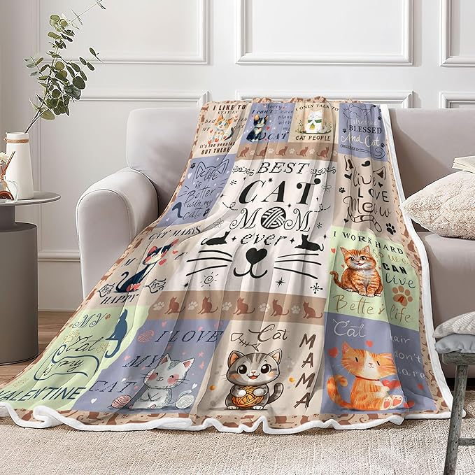 Cat Mom Gifts Throw Blankets for Women,Cat Mom Blankets Fleece Throw Blanket Cozy Soft Lightweight Couch Sofa Bed,Blue Blankets Bedding Gifts for Cat Lover for Mothers Day