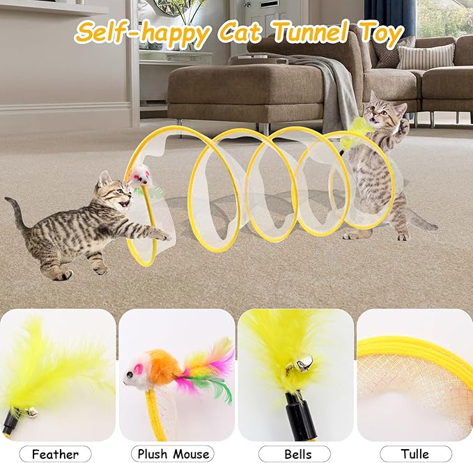 Folded Cats Tunnel Toy for Cats, Collapsible Cats Spring Tunnels Toy with Feather Mouse Toys, Played Tunnels Cats Tunnel Bed Tube Inside Cats, Interactive Cats Toy for Puppy Kitten