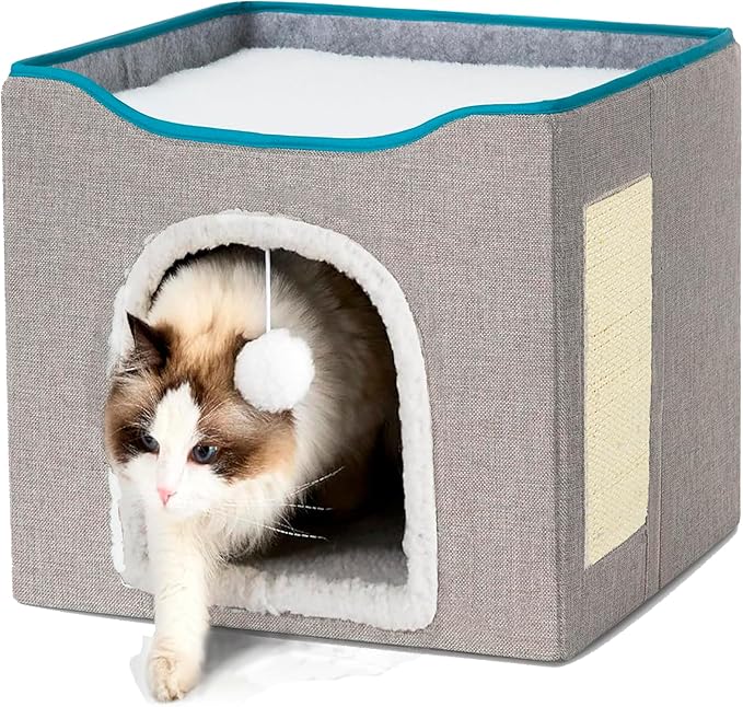 Cat Square Bed for Indoors Cats, Large Cat Cave for Pets,2 Cushion Lightweight and Foldable, with Scratcher and Fluffy Ball Hanging,Woll-Like Soft Cover,16”x14”, Gray