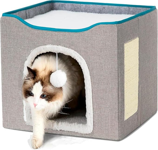 Cat Square Bed for Indoors Cats, Large Cat Cave for Pets,2 Cushion Lightweight and Foldable, with Scratcher and Fluffy Ball Hanging,Woll-Like Soft Cover,16”x14”, Gray