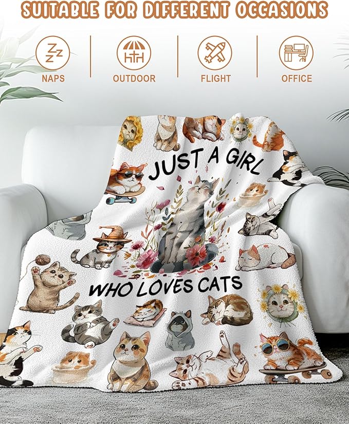 Cat Gifts for Women, Cat Blanket for Women, Cats Lover Blanket for Girls, Just A Girl Who Love Cats, Cat Themed Gifts Idea, Cartoon Cat Blanket for Girls 40" X 50"
