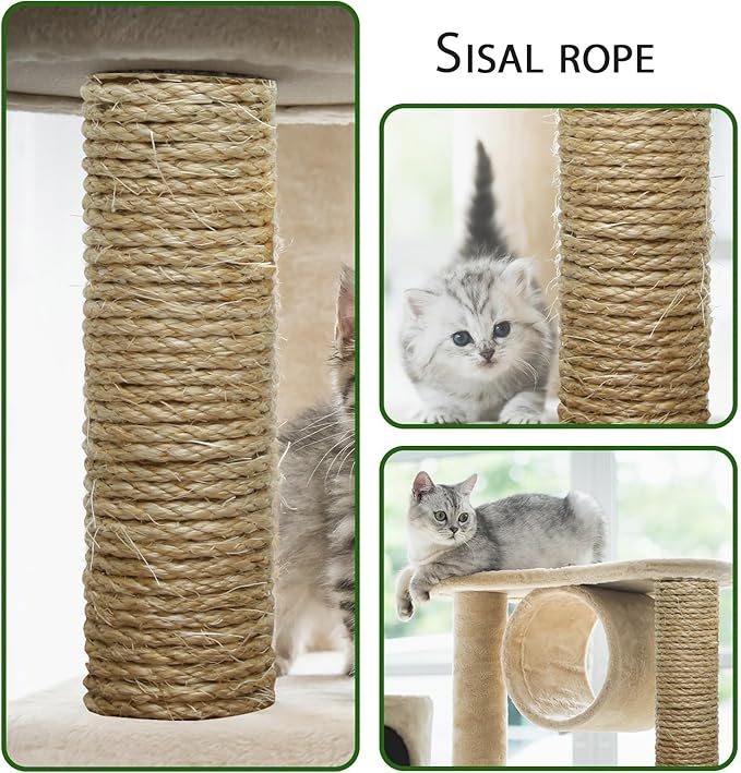 Natural Sisal Rope 1/4 Inch by 49-Feet for Cat Scratching Post Tree Tower Replacement Repair and Replace, DIY Hemp Twine Rope for Kittens Shelves Furniture Window Bed Perch Climbing, 6mm by 15m