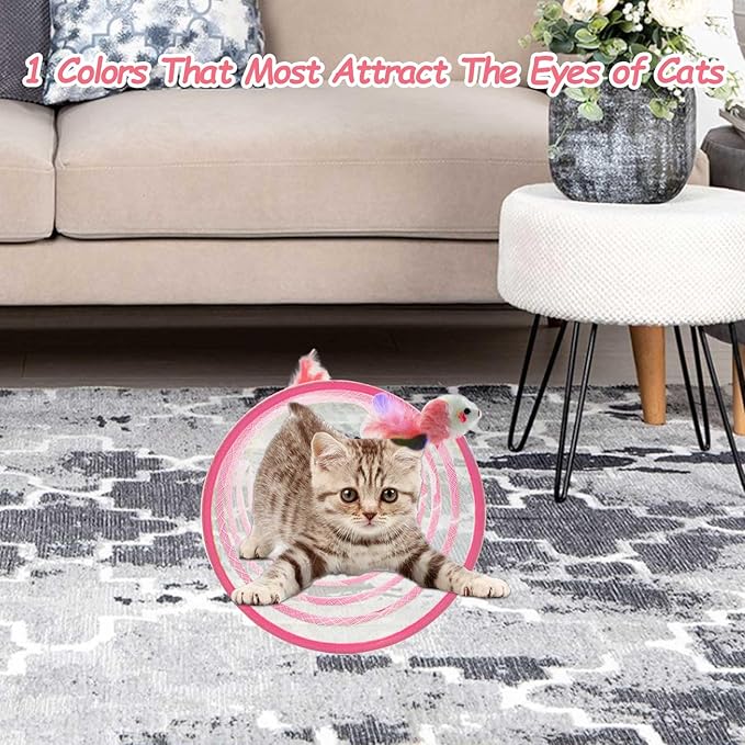 Cat Tunnel, 1PCS Folded Cat Tunnel Toy, Pink Mice Tube Cat Springs for Indoor with Feather, Mouse Toys Interactive Cat Toy Tunnel Self-Happy Cat Toys, S-Type Collapsible Tent