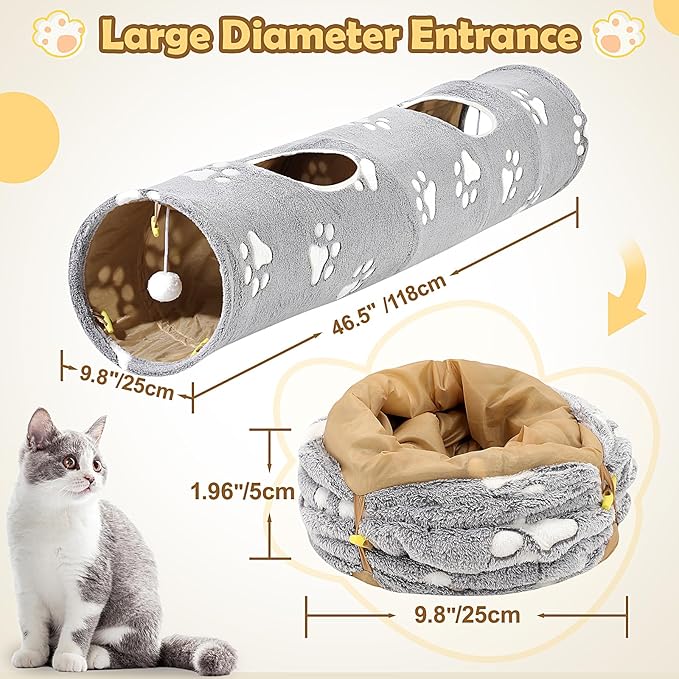 Cat Tunnel - 10‘’ Large Collapsible Cat Tunnels for Indoor Cats, Kittens, Rabbits, Ferret - Paw Print