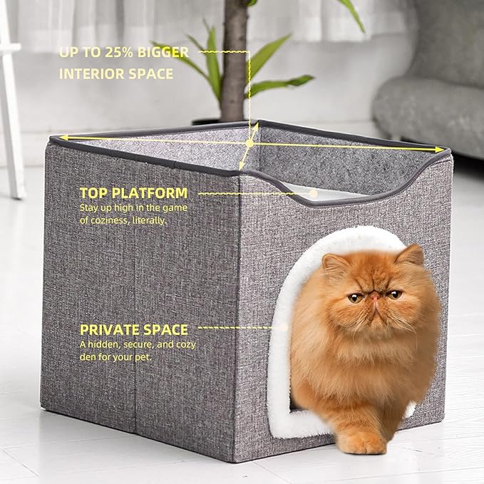 Cat House for Indoor Cat with Scratching Post, Cat Beds for Indoor Cats, Covered Cat Cave Beds & Furniture, Foldable Cat Hideaway, 16x16x15 inches, Grey