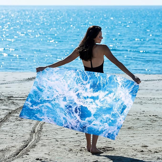 LIVILAN Ocean Wave Beach Towel, 30” x 60” Oversized, Lightweight Microfiber, Soft, Quick Dry, Sand Free, Ideal for Pool, Bath, Travel, Blue Towel, Perfect Ocean Gifts for Women, Men