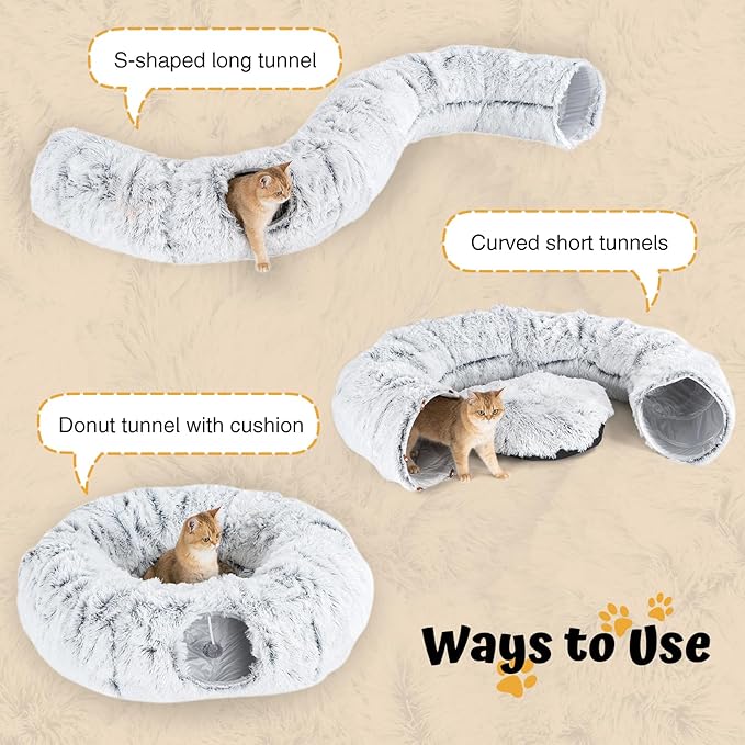 Avont Cat Tunnel Bed with Central Washable Cushion - Large Cat Tunnel Tube Toys 3 Shape to Play for Indoor Cats Kittens Puppies Ferret, Round Plush Fluffy Cat Bed with Tunnels -Grey