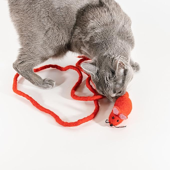 Catch a Mouse by The Tail Wool Cat Mouse Toy with a 6-Foot Tail for Indoor Cats Kittens. Cute Cat Toy Mouse Cat Toy. Rat Plush Toy, Fake Mouse, Mice. No Catnip. Pride (Rainbow Tail)